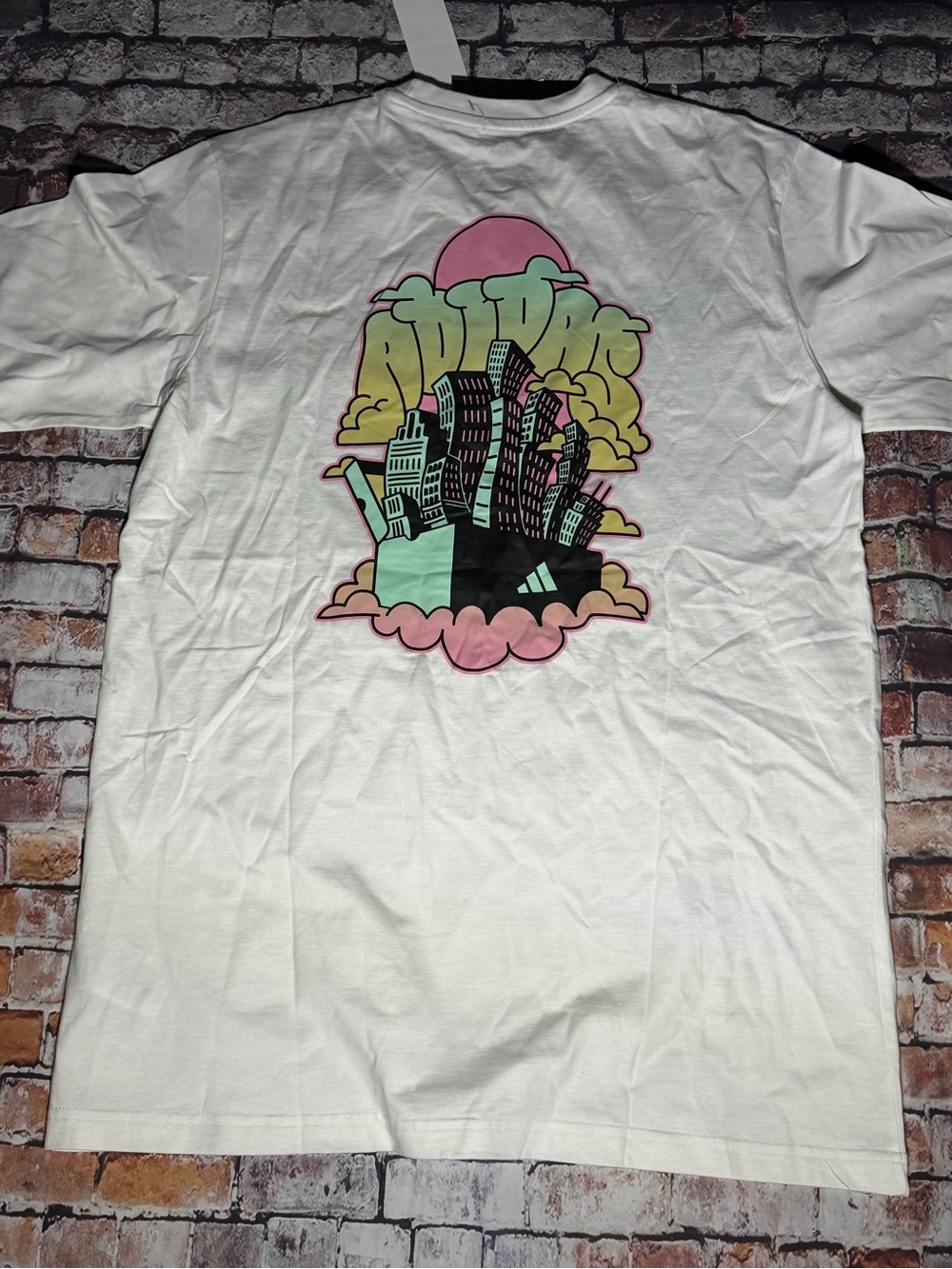adidas White Short Sleeve Tee with Pastel City Graphic